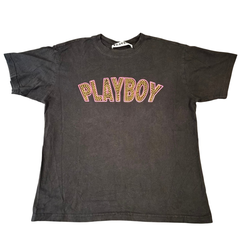 Playboy by PacSun Mens Black Studded Logo Graphic T-Shirt Pink Gold Medium M